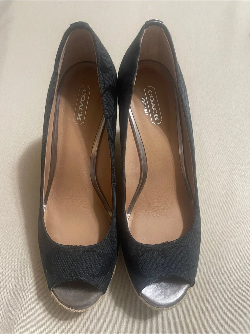 Coach Black Peep-Toe Canvas Wedges